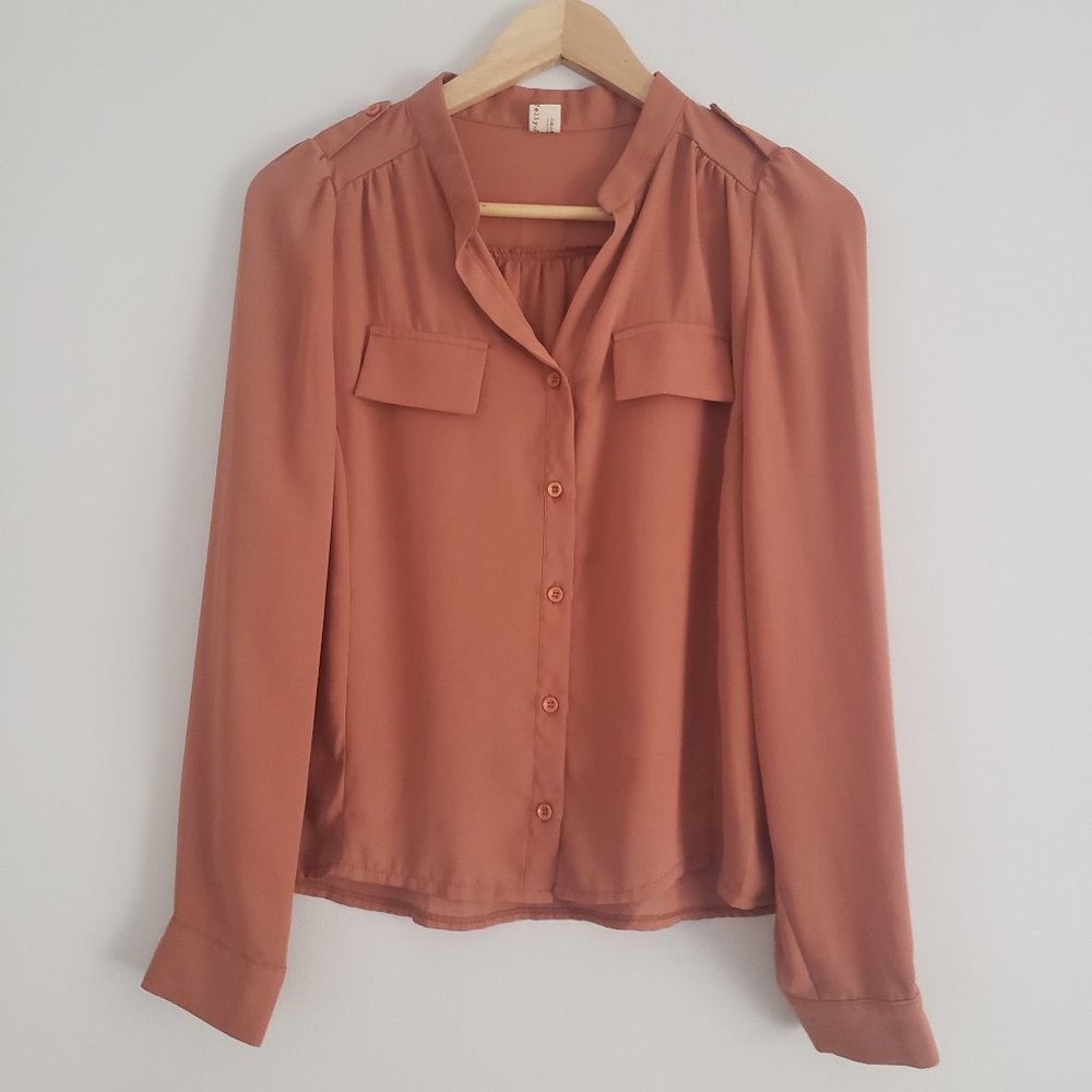 Tan Women's Button Up Blouse. Small Size Loose Fit